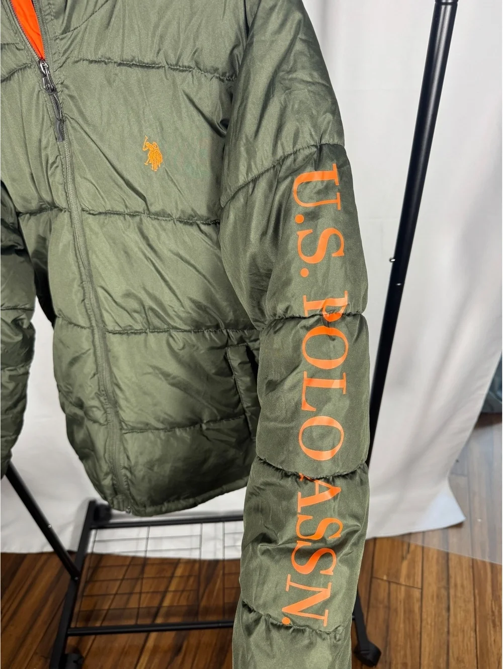 U.S. Polo Assn. Men's Olive Green Puffer Jacket with Hood, Medium